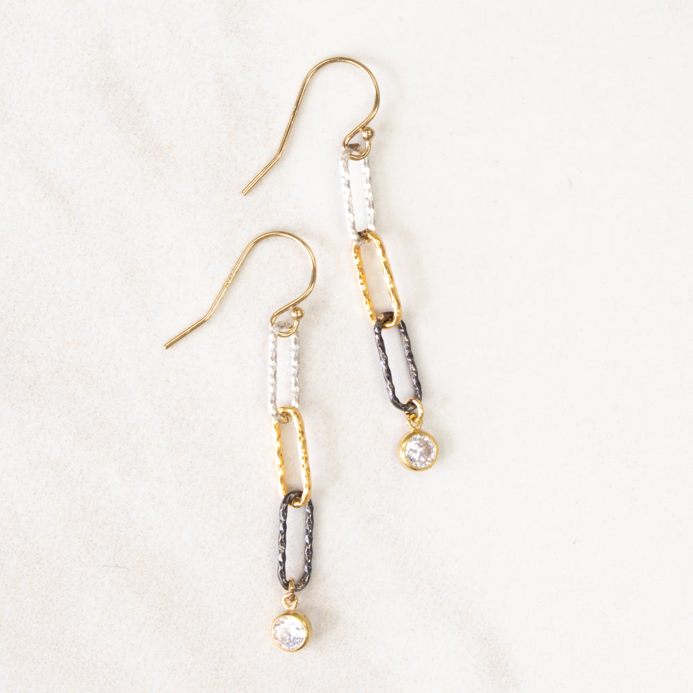 Mixed metal sparkle link earrings with cz drop