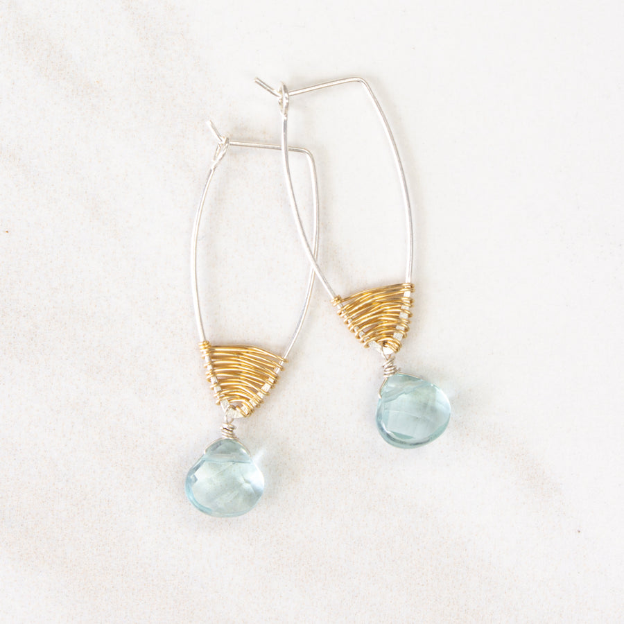 Mixed metal sterling silver marquis hoop earrings w/aqua quartz drop