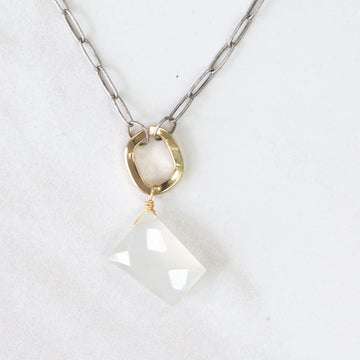 Faceted white chalcedony trapezoid pendant necklace