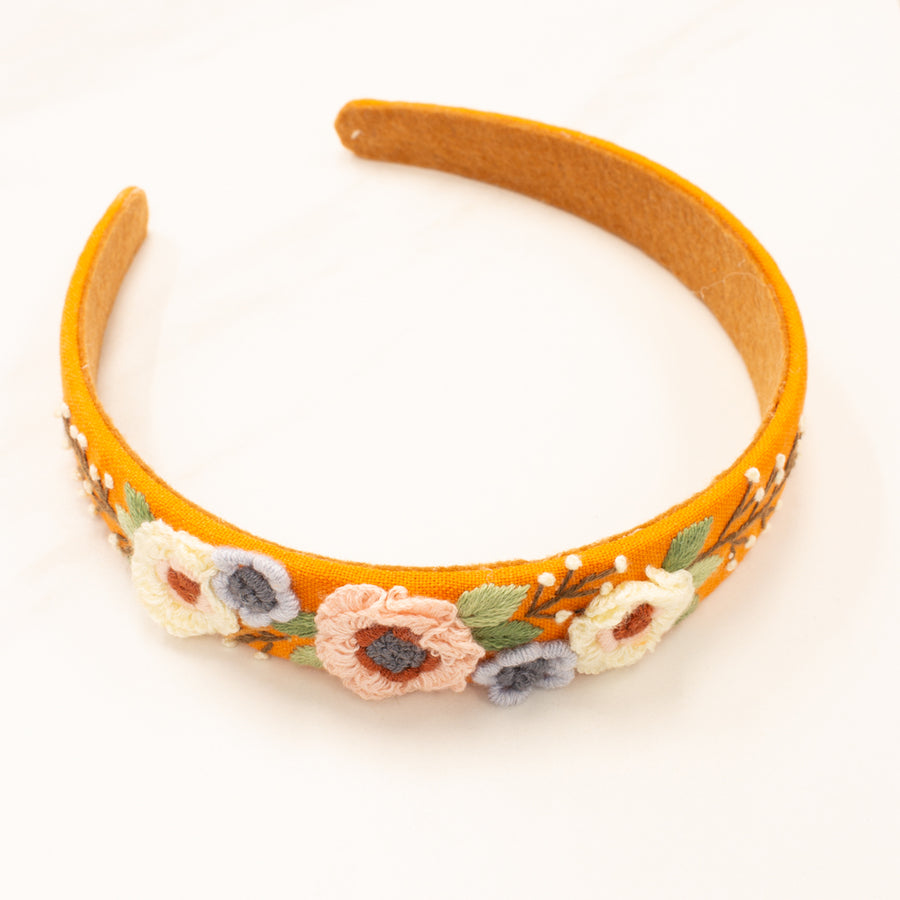 3D Floral Embroidered Headband - Orange Mustard