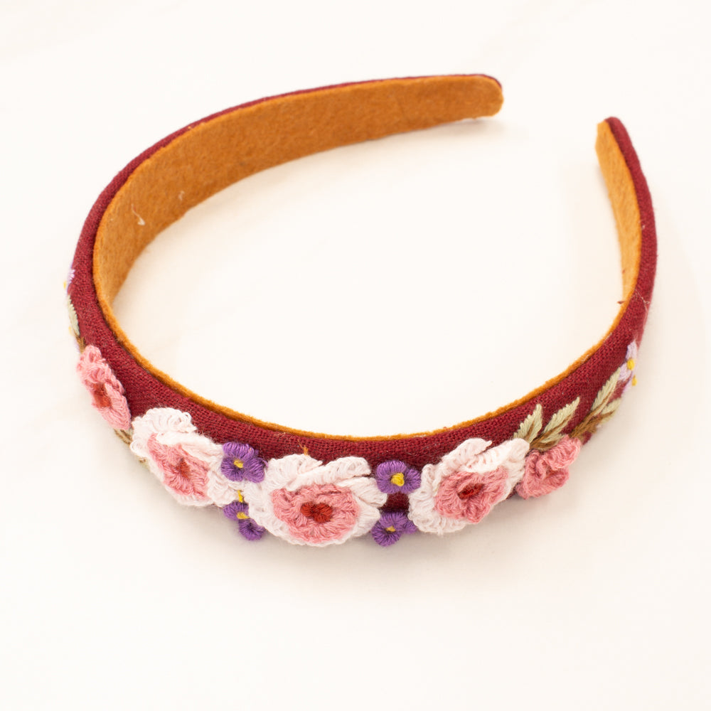 3D Flower Embroidered Headband - Burgundy