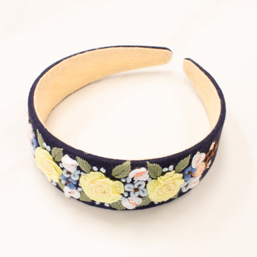 3D Floral Embroidered Wide Headband  - Navy Blue