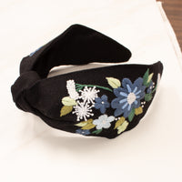 Floral Embroidered Linen Knot Turban - Blue Gerbera Daisy