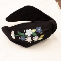 Floral Embroidered Linen Knot Turban - Blue Gerbera Daisy