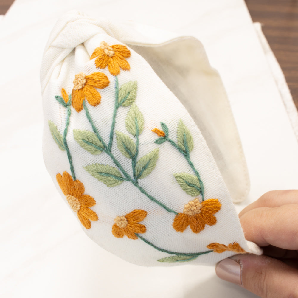 Floral Embroidered Linen Knot Turban - Orange Daisy