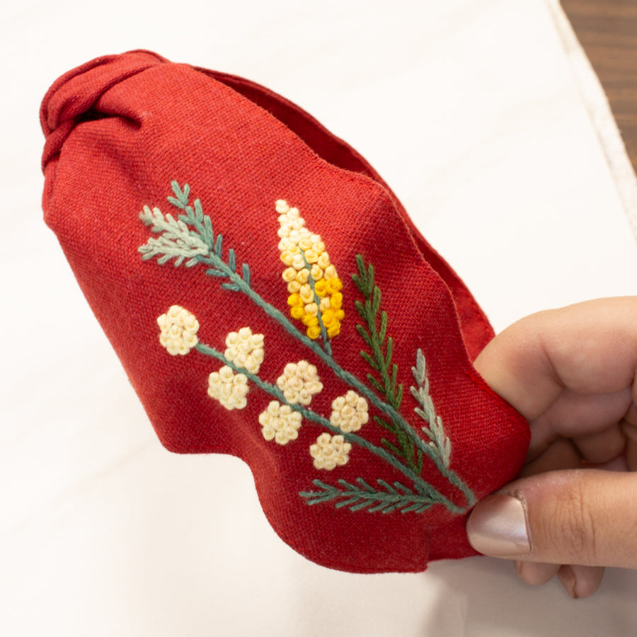 Floral Embroidered Linen Knot Turban - Yellow Reeds