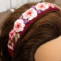 3D Flower Embroidered Headband - Burgundy