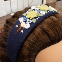 3D Floral Embroidered Wide Headband  - Navy Blue