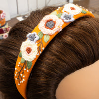 3D Floral Embroidered Headband - Orange Mustard