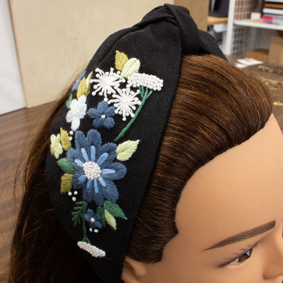 Floral Embroidered Linen Knot Turban - Blue Gerbera Daisy