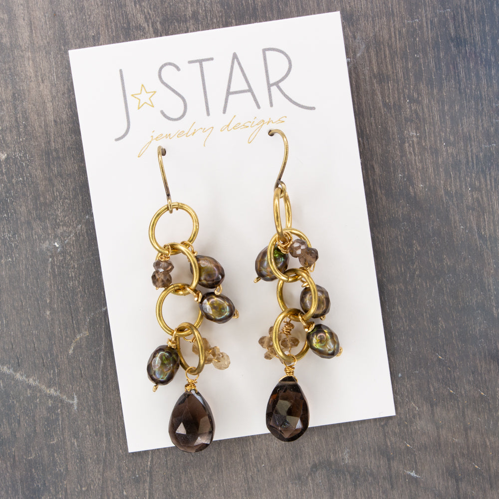 Faceted Smoky Quartz and Pearl Cluster Earrings