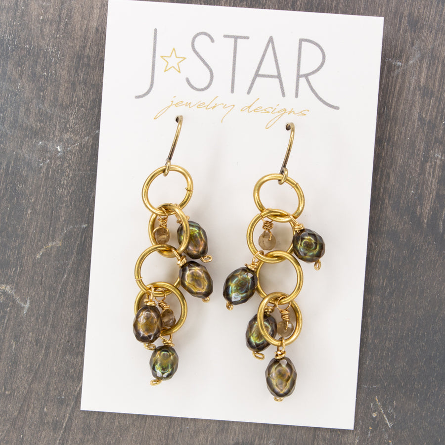 Faceted Olive Pearl Cluster Earrings