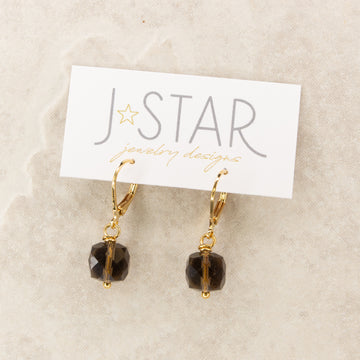 Facted Cube Drop Earrings - Smoky Quartz