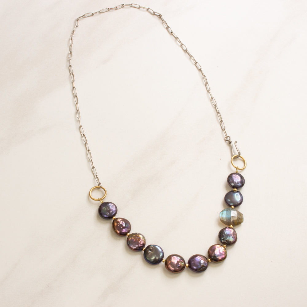 Asymmetrical Labradorite and Pearl Necklace