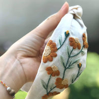 Floral Embroidered Linen Knot Turban - Orange Daisy