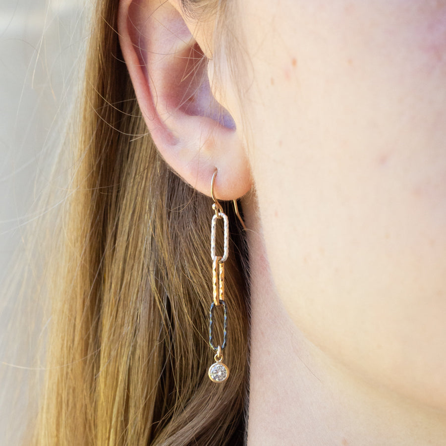 Mixed metal sparkle link earrings with cz drop