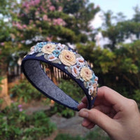 3D Floral Embroidered Wide Headband  - Navy Blue