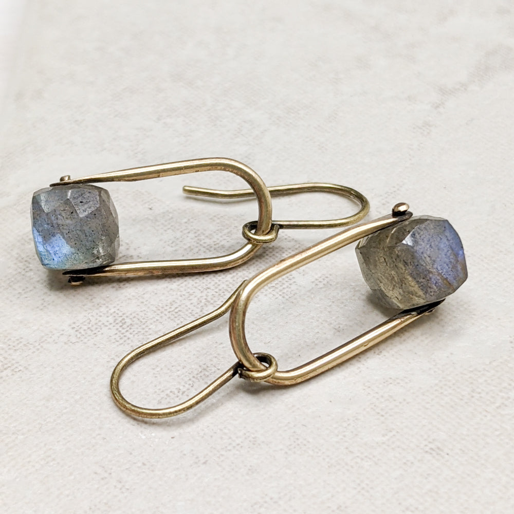 Short Riveted Labradorite Cube Earrings